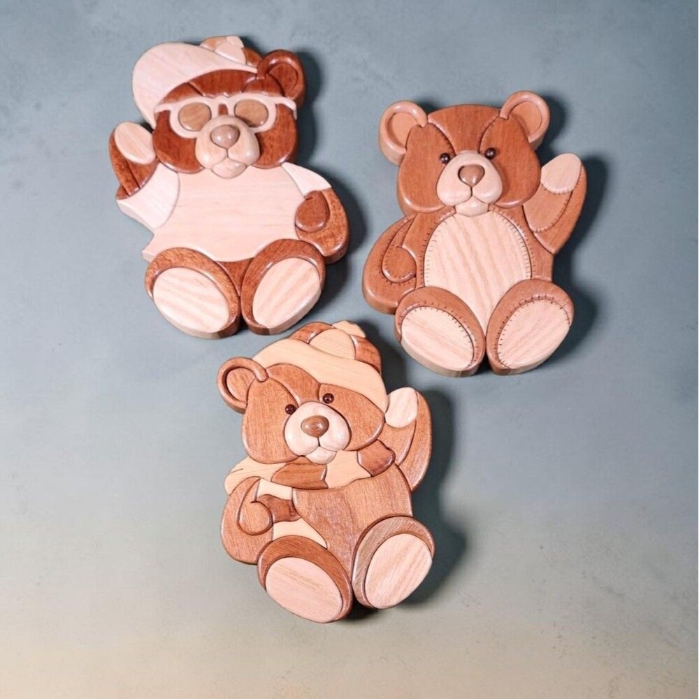 Set 3 Handcrafted Intarsia Wooden Teddy Bear Wall Plaques Nursery Cottagecore